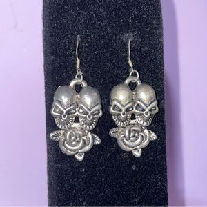 Vintage Silver Double Skull and Rose Dangle Earrings Goth Grunge Punk Witchy